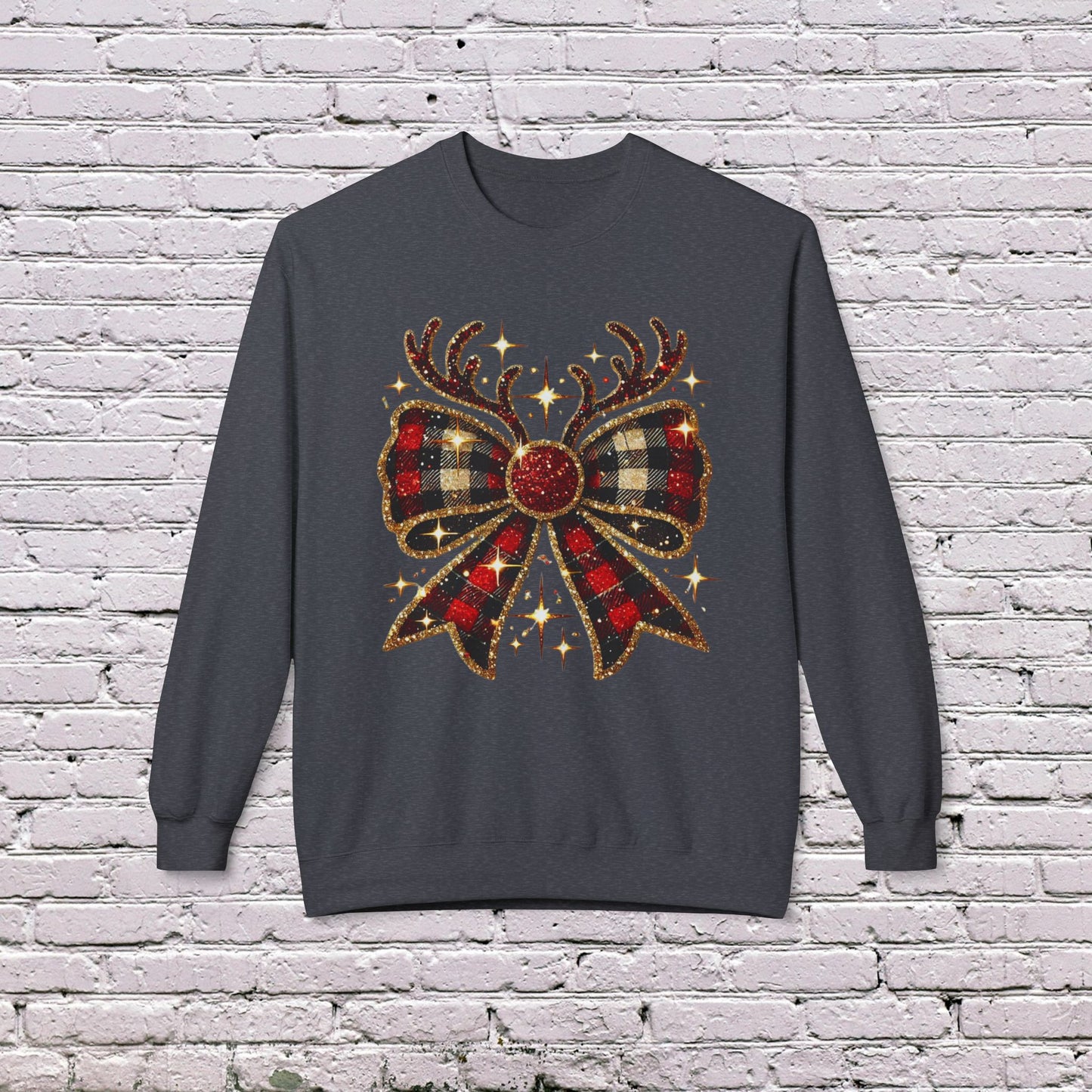 Holiday Cozy: Gildan Softstyle Fleece Crewneck with Christmas Reindeer Coquette Bow