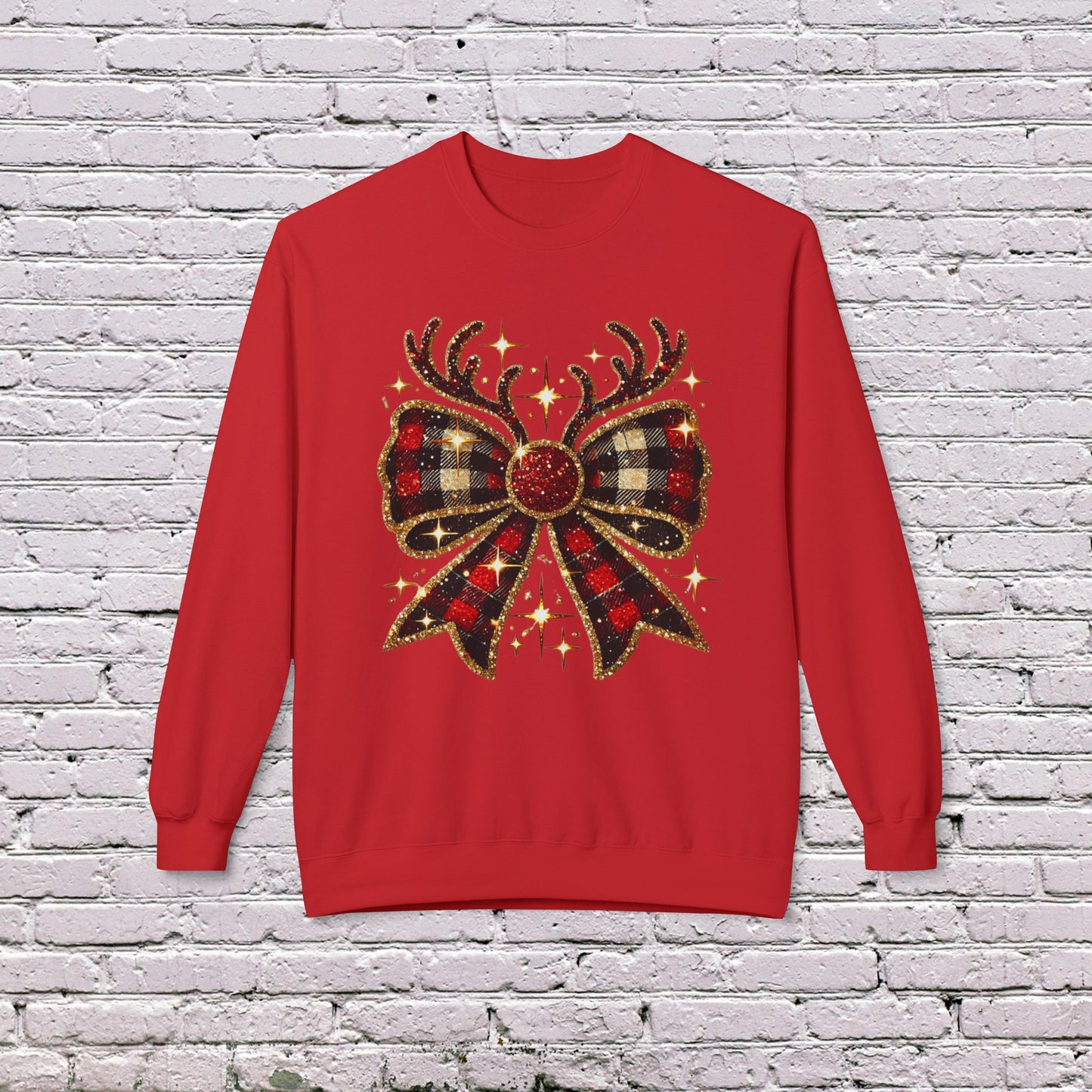 Holiday Cozy: Gildan Softstyle Fleece Crewneck with Christmas Reindeer Coquette Bow