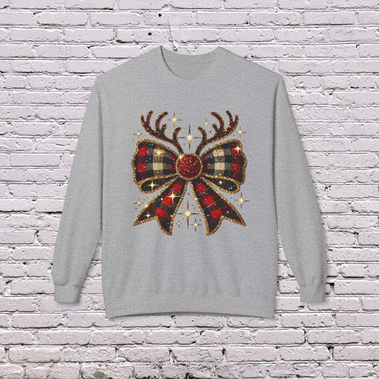 Holiday Cozy: Gildan Softstyle Fleece Crewneck with Christmas Reindeer Coquette Bow