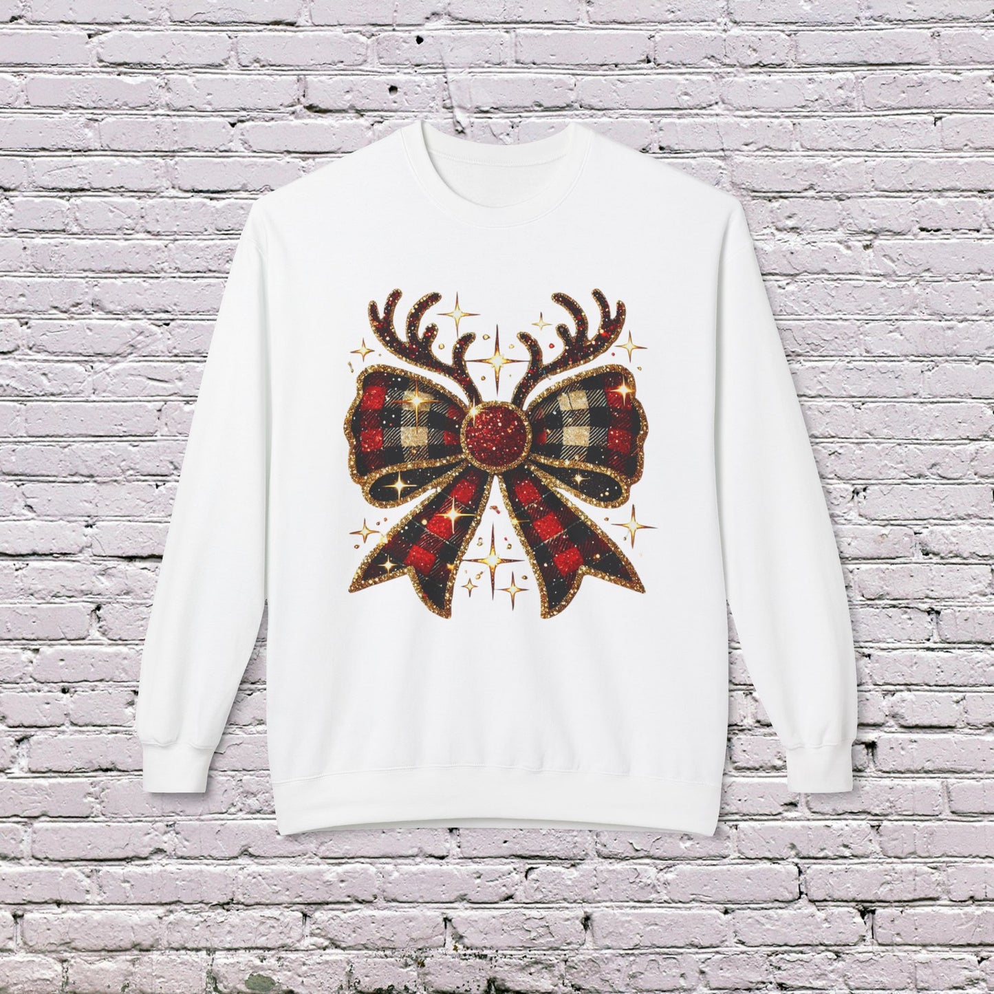 Holiday Cozy: Gildan Softstyle Fleece Crewneck with Christmas Reindeer Coquette Bow