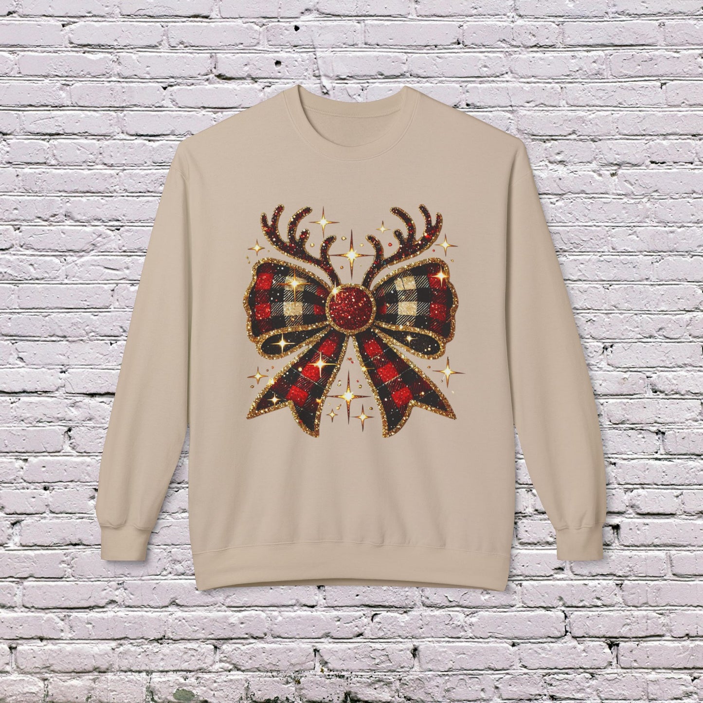 Holiday Cozy: Gildan Softstyle Fleece Crewneck with Christmas Reindeer Coquette Bow