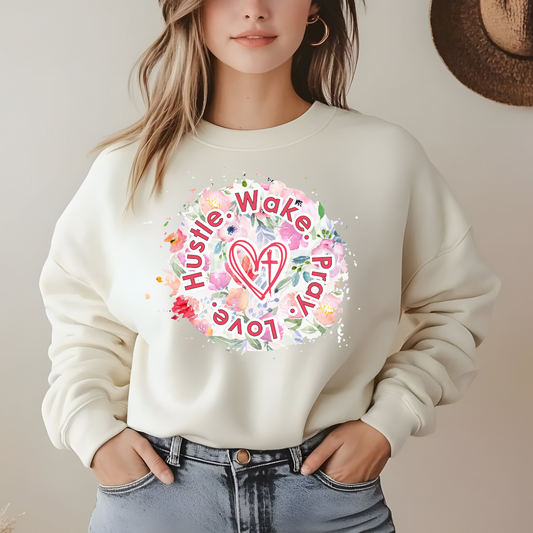 WAKE PRAY LOVE HUSTLE Watercolor Floral Sweatshirt